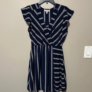 Monteau Navy & White Striped V-Neck Wrap Mini Dress